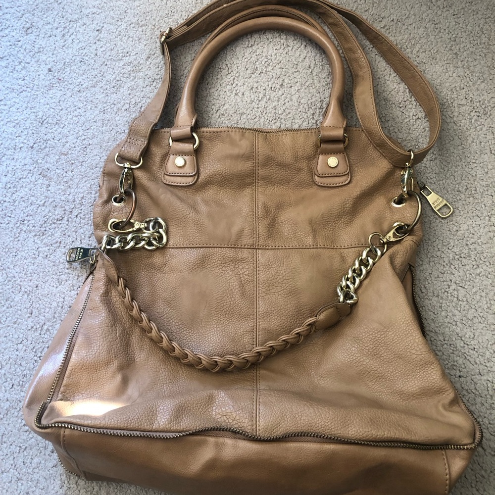 Steve Madden Tan Leather Tote with Gold Chain Detail